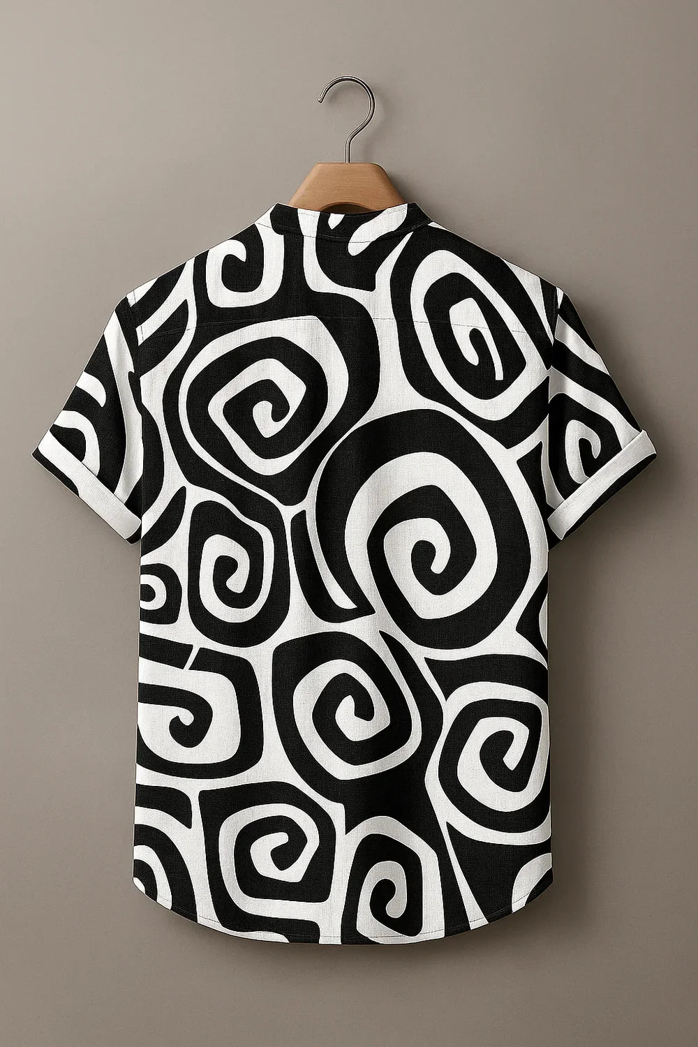 Men's Black & White Abstract Spiral Printed Mandarin Collar Half Sleeve Casual Shirt