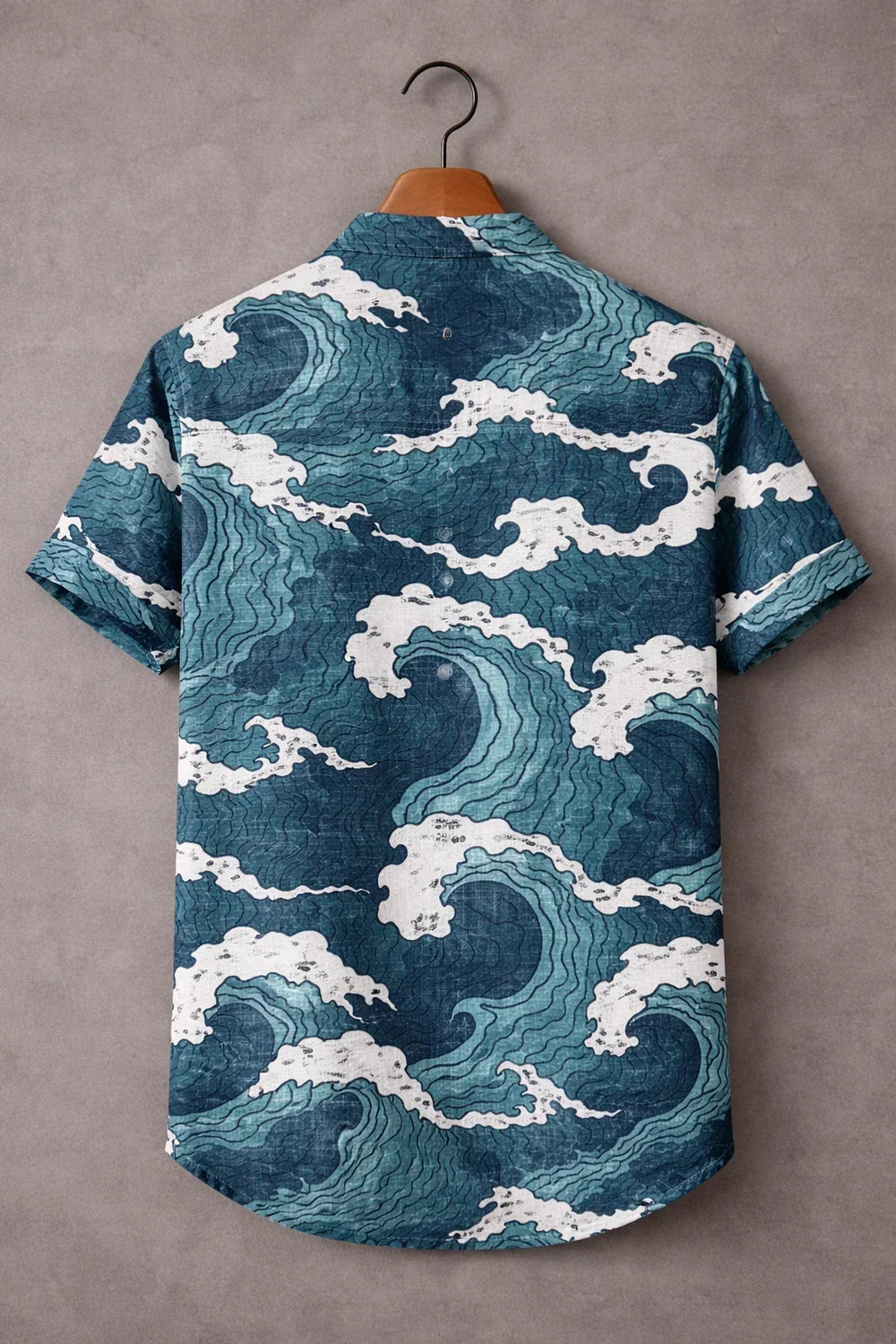 Men's Blue Ocean Wave Printed Mandarin Collar Half Sleeve Casual Shirt
