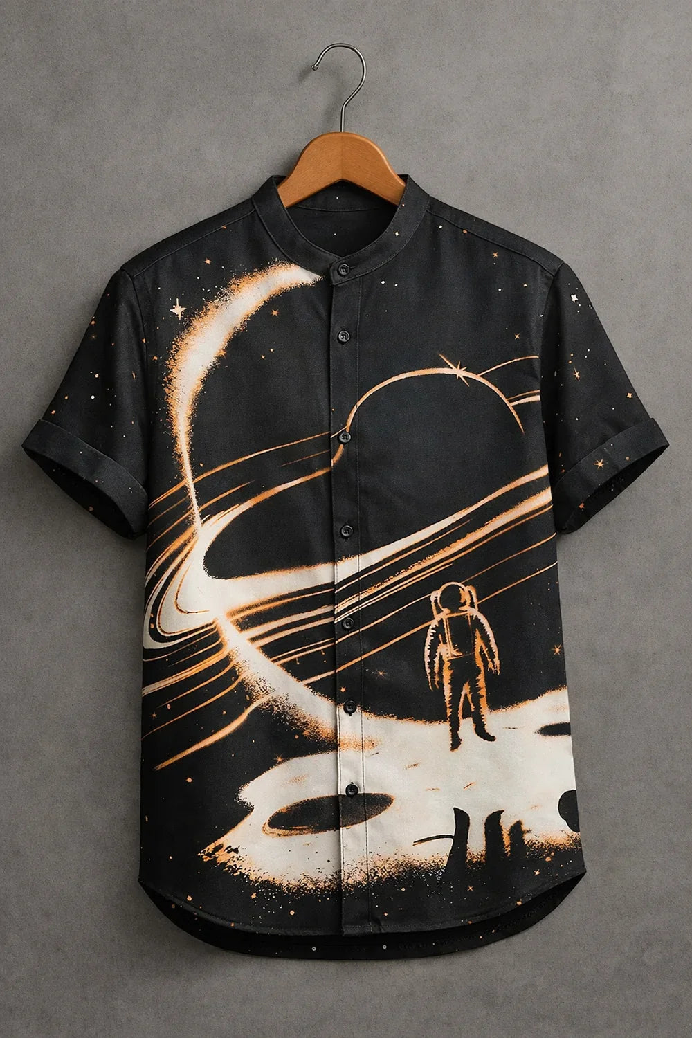Premium Black Galaxy Astronaut Print Mandarin Collar Shirt for Men