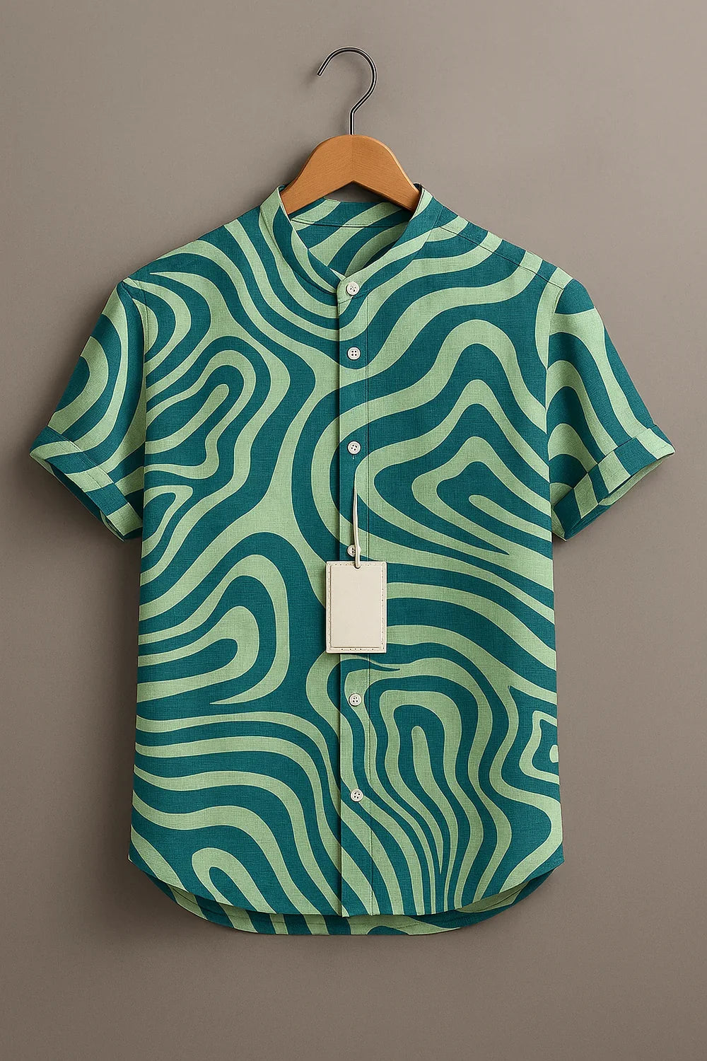 Men's Teal Green Abstract Wave Printed Mandarin Collar Half Sleeve Casual Shirt