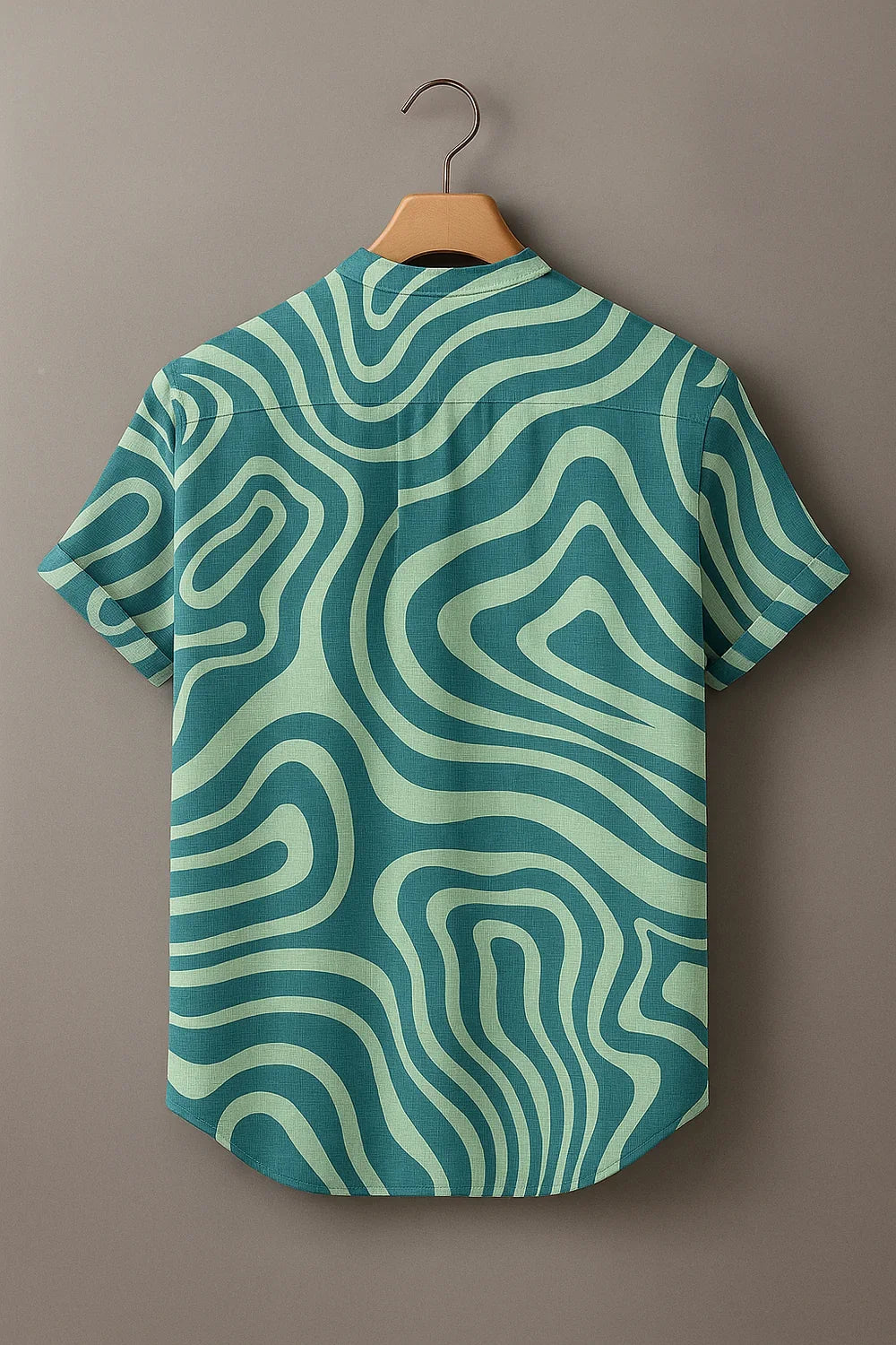 Men's Teal Green Abstract Wave Printed Mandarin Collar Half Sleeve Casual Shirt