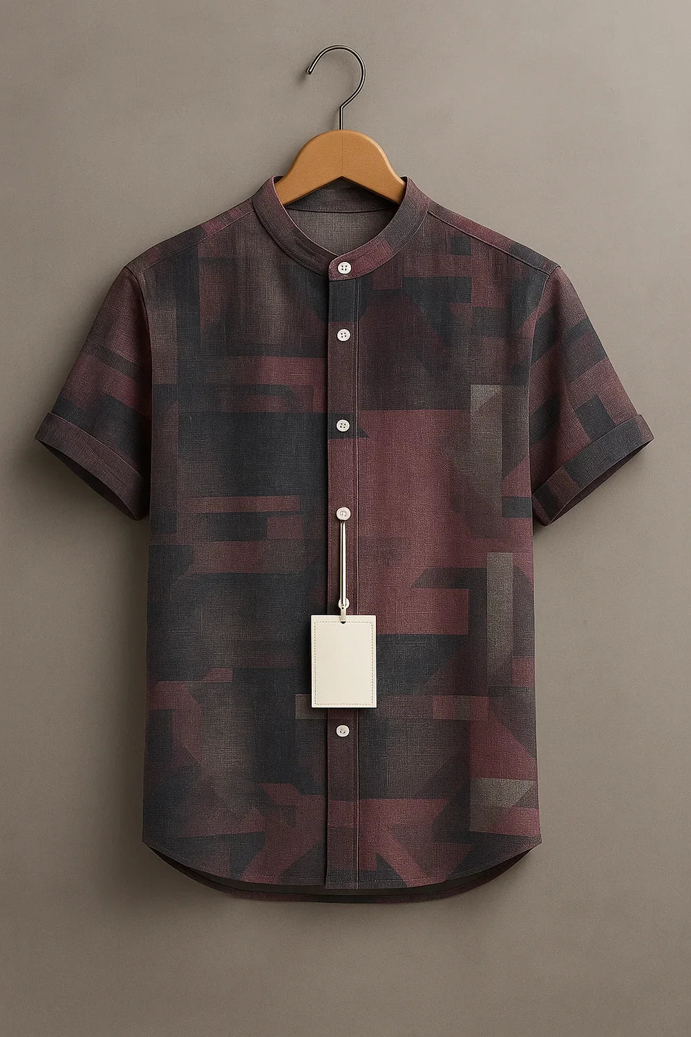 Men's Maroon Geometric Abstract Printed Mandarin Collar Half Sleeve Casual Shirt