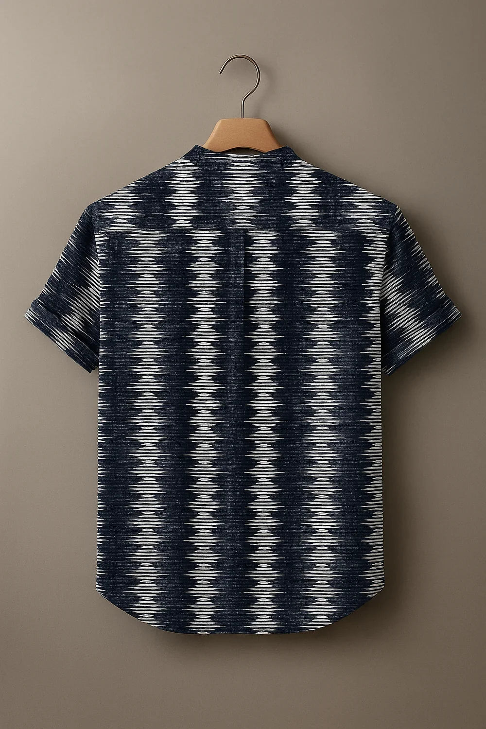 Men's Navy Blue Ikat Printed Mandarin Collar Half Sleeve Casual Shirt