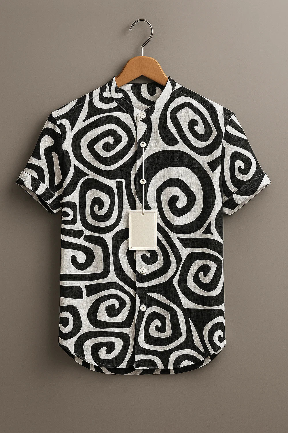 Men's Black & White Abstract Spiral Printed Mandarin Collar Half Sleeve Casual Shirt