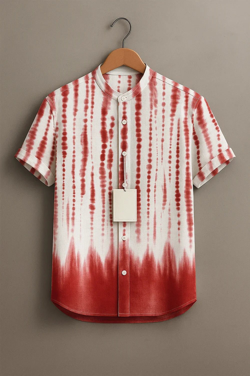 Men's Red & White Tie-Dye Printed Mandarin Collar Half Sleeve Casual Shirt