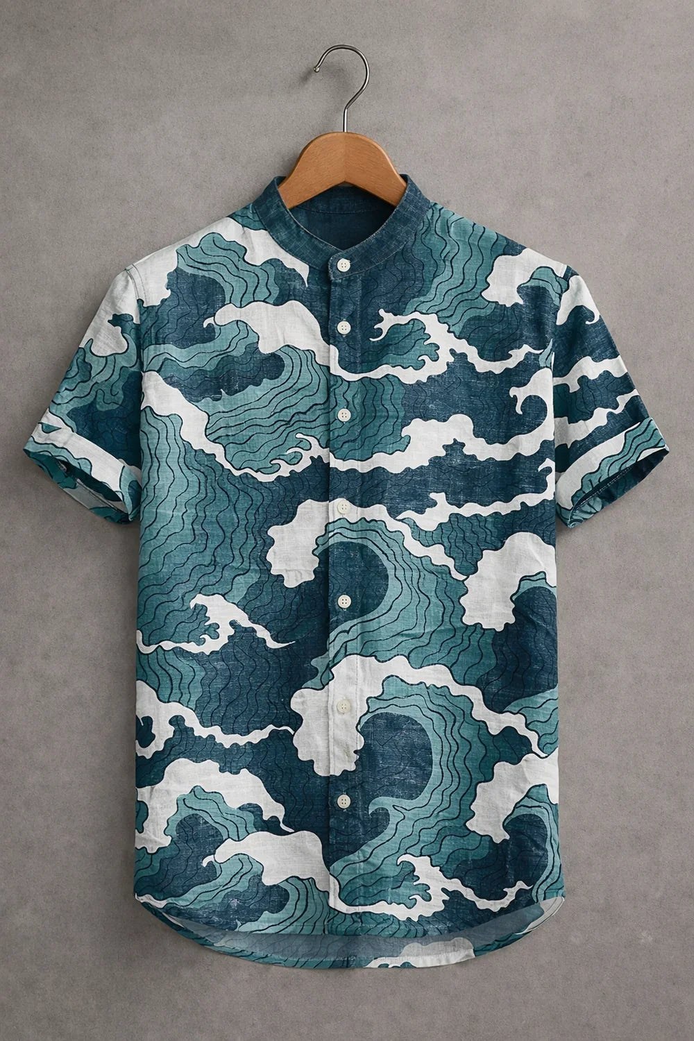 Men's Blue Ocean Wave Printed Mandarin Collar Half Sleeve Casual Shirt