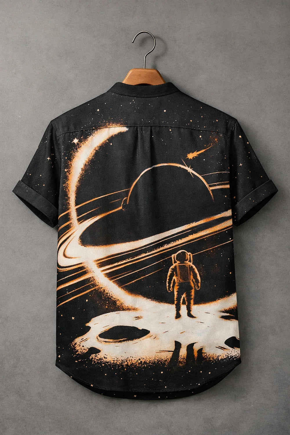 Premium Black Galaxy Astronaut Print Mandarin Collar Shirt for Men