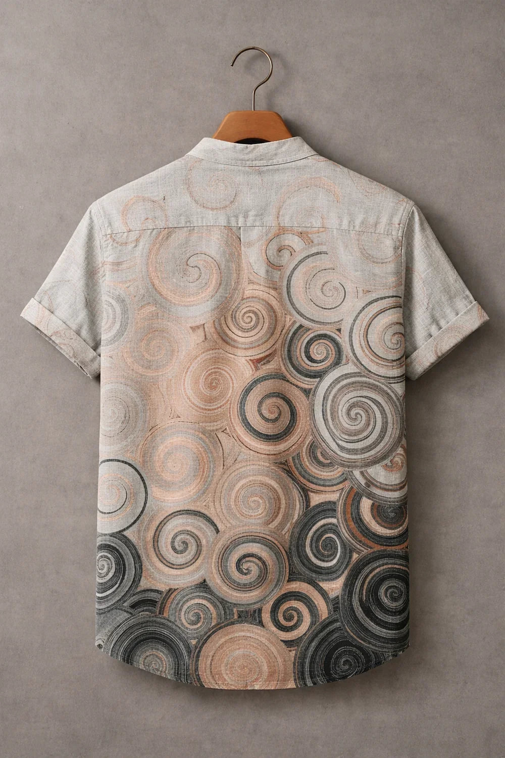 Men's Light Grey Abstract Spiral Printed Mandarin Collar Half Sleeve Casual Shirt