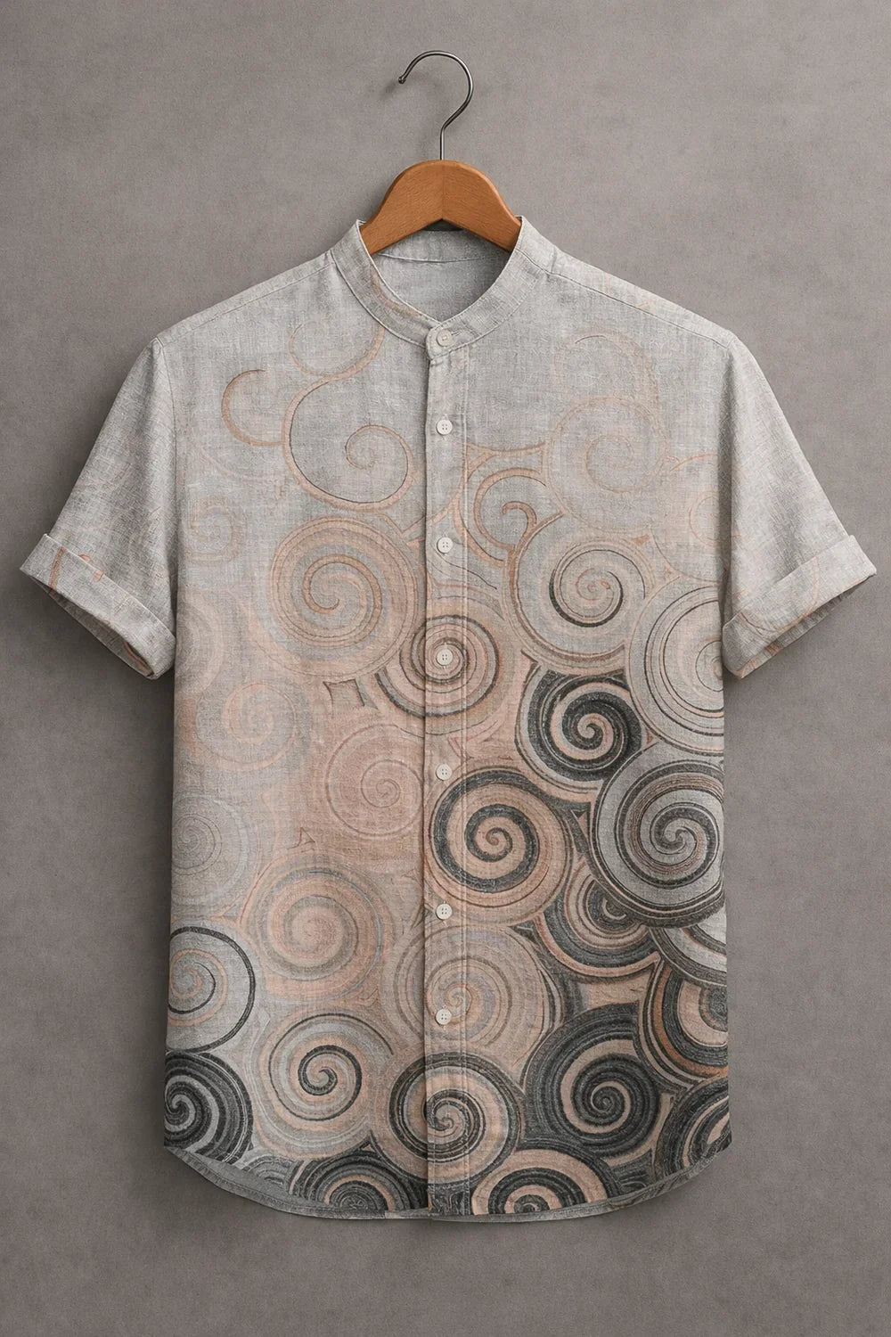 Men's Light Grey Abstract Spiral Printed Mandarin Collar Half Sleeve Casual Shirt