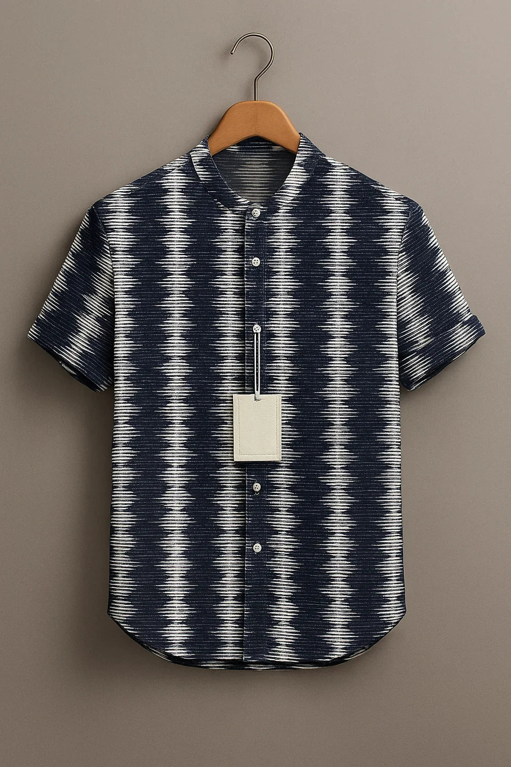 Men's Navy Blue Ikat Printed Mandarin Collar Half Sleeve Casual Shirt
