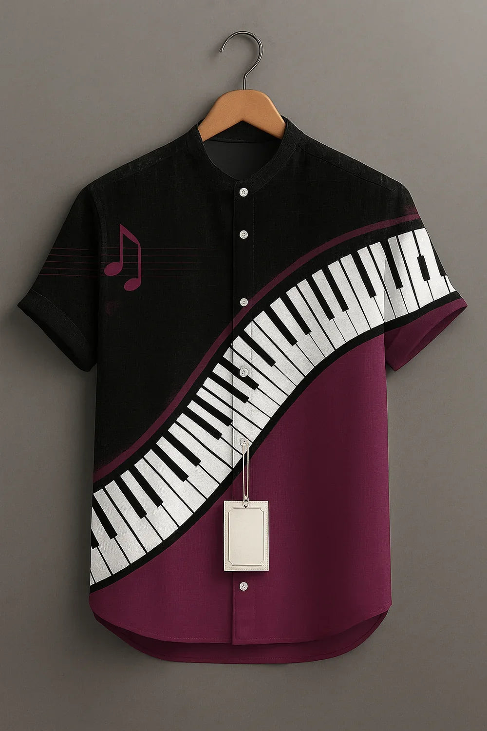 Men's Black Piano Keyboard Printed Mandarin Collar Half Sleeve Casual Shirt