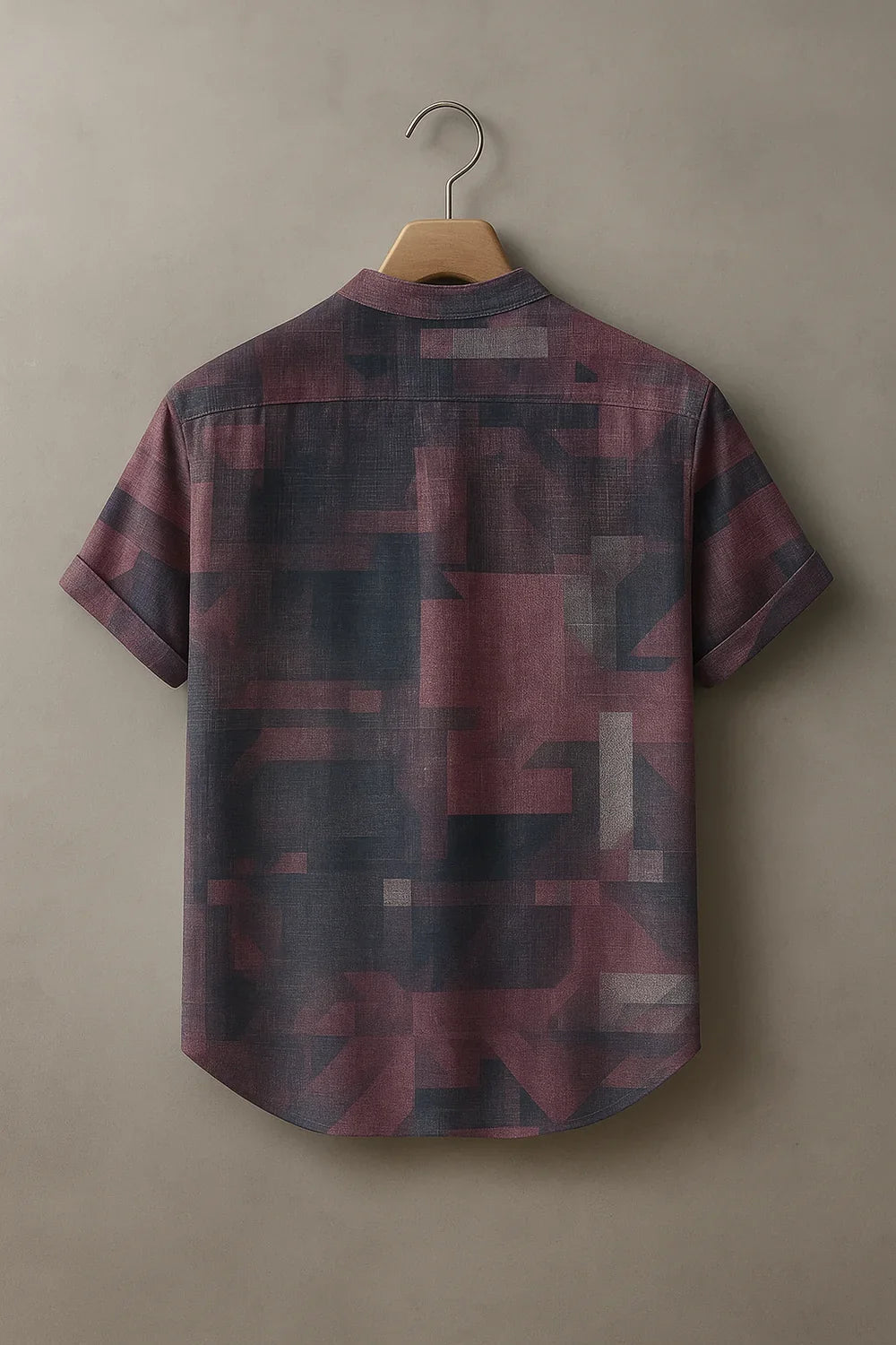 Men's Maroon Geometric Abstract Printed Mandarin Collar Half Sleeve Casual Shirt