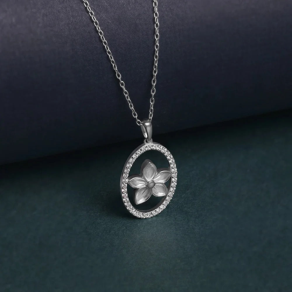 Elegant Floral Crystal Oval Pendant Necklace for Women | Premium Silver Finish