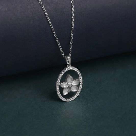 Elegant Floral Crystal Oval Pendant Necklace for Women | Premium Silver Finish
