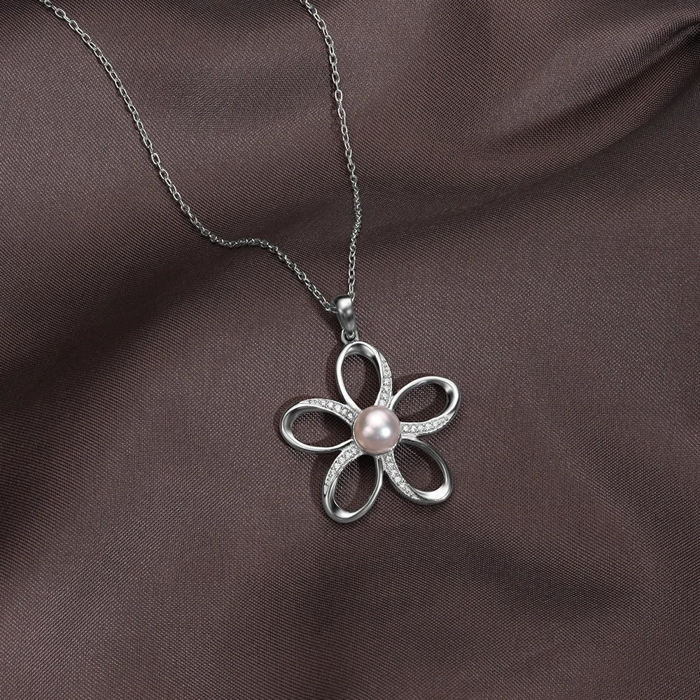 Elegant Flower Pearl Crystal Pendant Necklace for Women | Premium Silver Finish