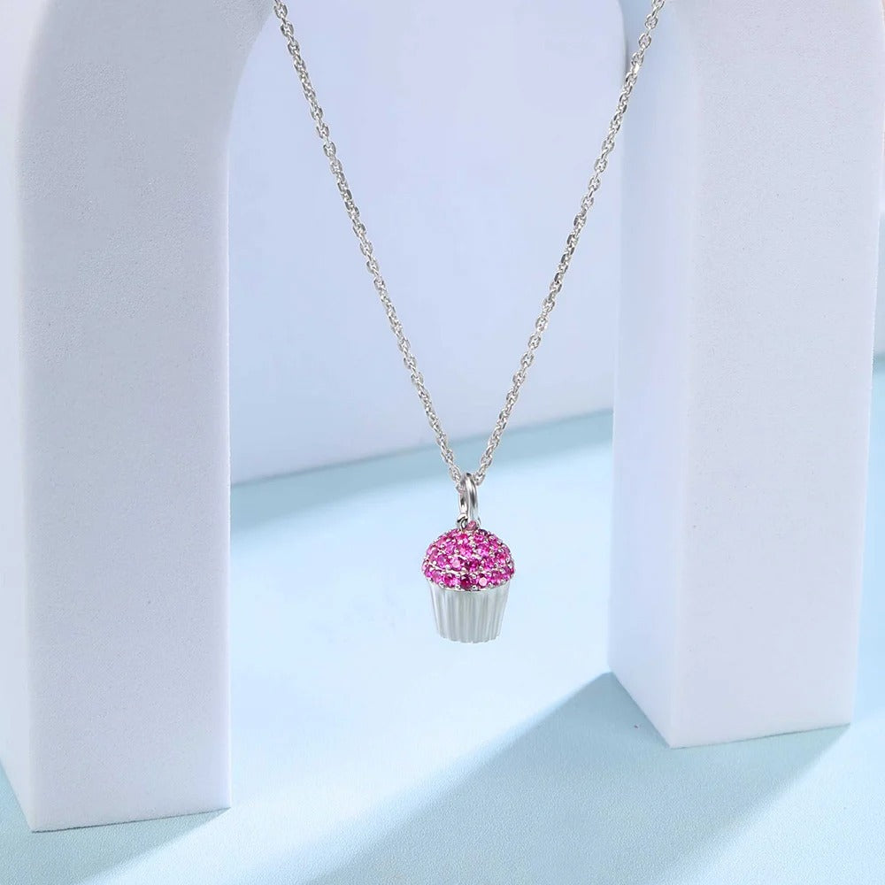 Cute Pink Cupcake Crystal Pendant Necklace for Women | Premium Silver Finish