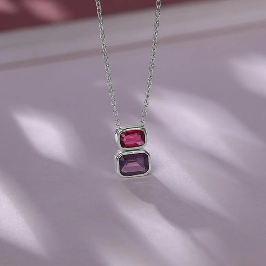 Elegant Dual Gemstone Crystal Pendant Necklace for Women | Premium Silver Finish