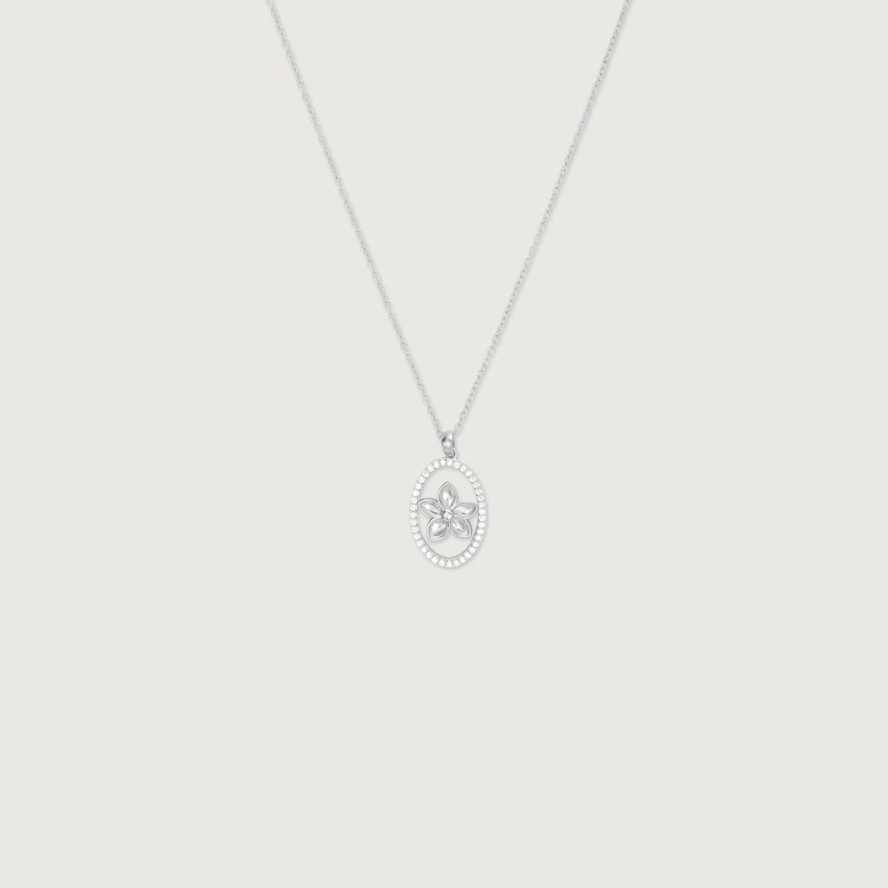 Elegant Floral Crystal Oval Pendant Necklace for Women | Premium Silver Finish