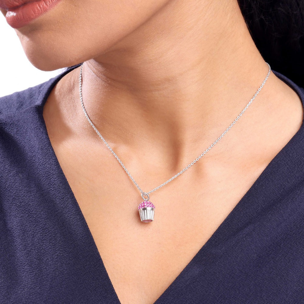 Cute Pink Cupcake Crystal Pendant Necklace for Women | Premium Silver Finish