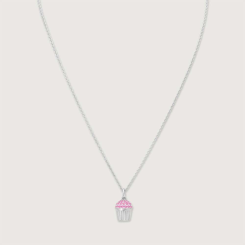 Cute Pink Cupcake Crystal Pendant Necklace for Women | Premium Silver Finish