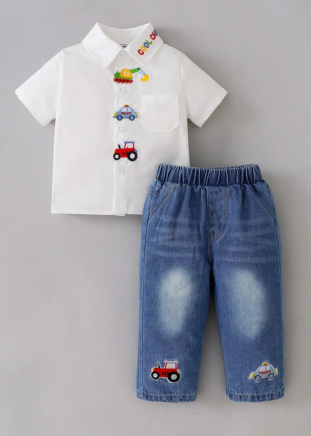 Kids Embroidered Cotton Shirt & Denim Pants Co-Ord Set | Premium 2-Piece Casual Outfit for Boys & Girls